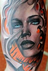 Didelės rankos iliustracijos stiliaus mėlynos akys moters portretas tatuiruotės modelis