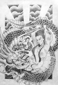 Een verscheidenheid aan zwarte en grijze schetssteek tips creatieve dominante krijger en draak tattoo manuscript