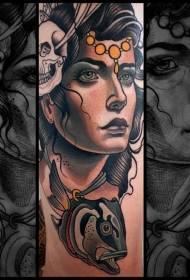 Nuevo retrato de niña de la escuela y patrón de tatuaje de cabeza de calamar