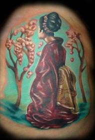 Ŝultro, japana akvarelo kaj pentraĵo de geisha tatuaje