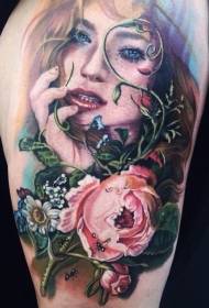 Illustration stil smukke blomster og piger portræt tatovering mønster