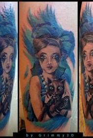 Ritratto magico colorato di stile dell'illustrazione con il modello del tatuaggio del gatto