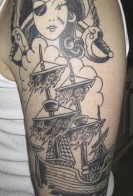 Modello di tatuaggio di ragazza pirata grigio nero spalla e barca