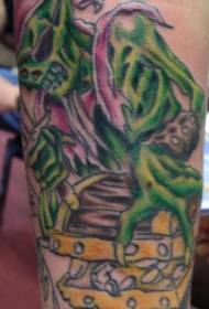 Arm green pirate skull with treasure tattoo picture