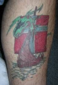 Sea green dragon boat with flag tattoo pattern
