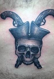 Capa de cráneo de pirata abdominal e imaxe de tatuaxe de arma de cruz