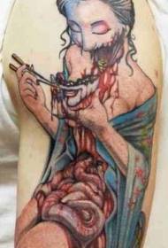 Ուսի գույնի վախկոտ արյունոտ zombie geisha դաջվածքների օրինակ