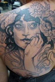 Imponujący wspaniały tatuaż z motywem kwiatowym czarnej kobiety na plecach