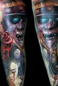 Guerriero demone colore gamba con ritratto di donna ritratto tatuaggio