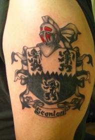 Modello di tatuaggio distintivo cavaliere e tre leoni scudo