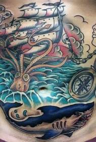 Vatsanvärinen merirosvopurjelaiva hain tatuointikuviolla