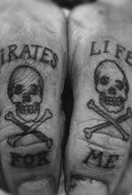 Cranio de pirata negro con dedo con patrón de tatuaxe con letras de ósos cruzados