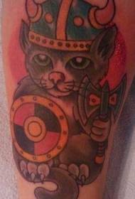Viking warrior cat tattoo pattern wearing a helmet