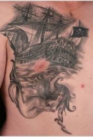 Grudi crni gusarski brod i sirena tetovaža