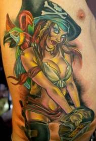 Derék oldalán színes kalóz szexi lány és papagáj tetoválás