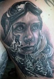 Tillbaka svart grå stil kvinna porträtt skid tatuering mönster