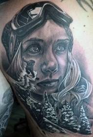 Back black gray style woman portrait ski tattoo pattern