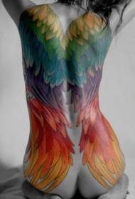 Female back colored angel wings tattoo pattern