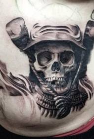 Abdominal Asian traditional style skull Samurai helmet tattoo pattern