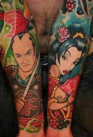 Dessins de tatouage coloré samurai et geisha à l'arrière du style de dessin animé de rêve