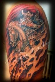 Colored viking warrior riding a horse tattoo pattern