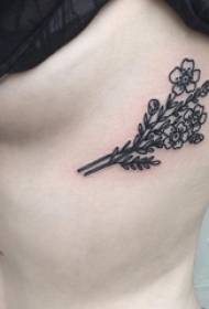 Girl side waist tattoo black and white gray style flower tattoo small fresh plant tattoo picture