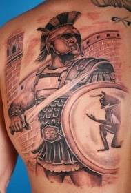 Takaisin gladiaattorin panssari kilpeellä ja miekalla tatuoinnilla