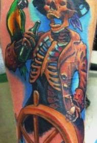 手臂彩色海盜骨架與鸚鵡紋身圖片