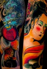 I-geisha yaseJapan kunye nephethini ye-tattoo yenamba eluhlaza