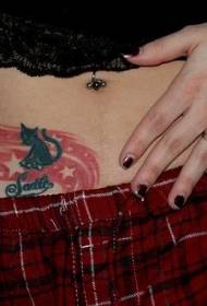 Abdomen colored five-pointed star with kitten tattoo pattern