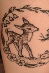 Girl calf on black plant material round lace small animal tattoo picture