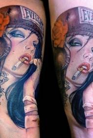 Color illustration style sexy smoking girl and helmet tattoo pattern