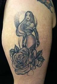 Modello di tatuaggio di donna e fiore indiano fumetto nero grande braccio
