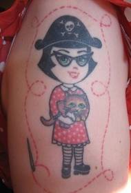 Пиратска девојка слика за тетоважа со раменици во боја раменици со маче
