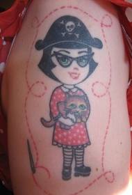 Pirate girl tattoo picture with shoulders colored holding kitten