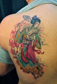 Tilbake asiatisk tradisjonell fargerik søt allerede med blomster tatoveringsmønster
