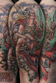 Shoulder colored viking woman and skull tattoo pattern