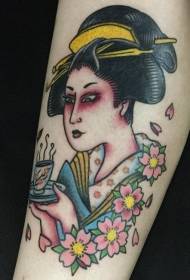 Mga rosas nga bulak ug kolor nga pattern sa tattoo sa geisha