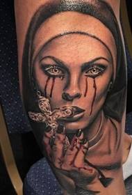 Female portrait of calf bleeding and cross tattoo pattern