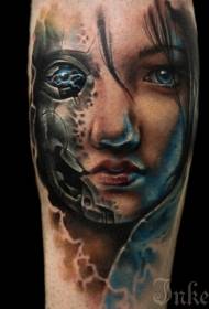 Tulevaisuuden kuvitus tyyli värikäs mekaaninen naisten muotokuva tatuointi malli