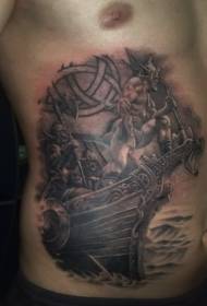 Patrón de tatuaje de barco de Guerrero vikingo abdominal masculino