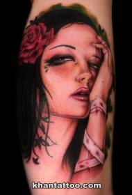Arm horror style color mysterious woman tattoo pattern