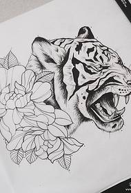 欧美school写实老虎花卉纹身图案手稿