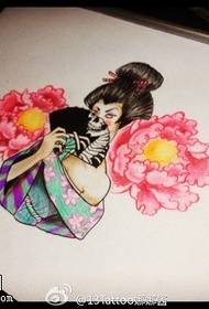 Värikäs geisha-pioni-tatuoinnin käsikirjoituskuvio