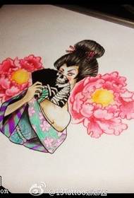 Modello manoscritto tatuaggio geisha peonia colorata
