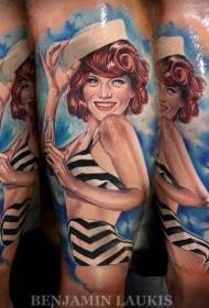 Patrón de tatuaxe de chica de cartel mariñeiro con cor de pernas glamour