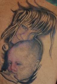 肩部灰色母亲和儿童肖像纹身图片