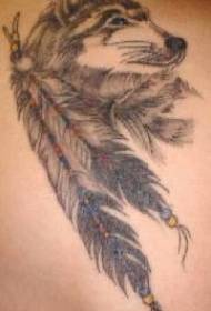 Spalla testa di lupo Paulus nero grigio e tatuaggio piuma
