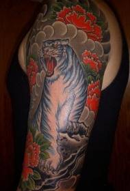 Modello di tatuaggio colorato grande braccio peonia e tigre bianca