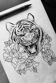 European realistic tiger flower tattoo tattoo manuscript